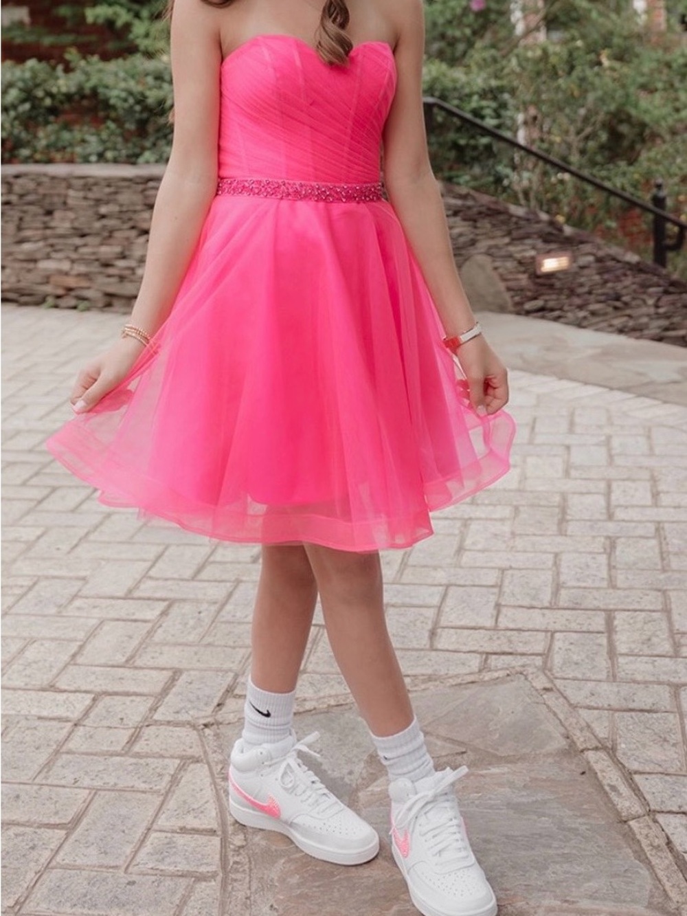 Girls Strapless Sweetheart Tulle Party Dress - Hot Pink
